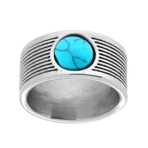 Ring mit gestreiftem Band  mit rundem Türkisstein in Stahl für Herren